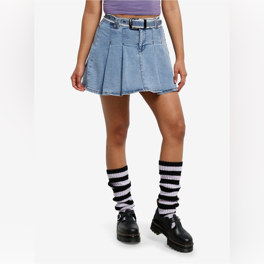 Social Collision Light Indigo Belted Pleated Mini Skirt